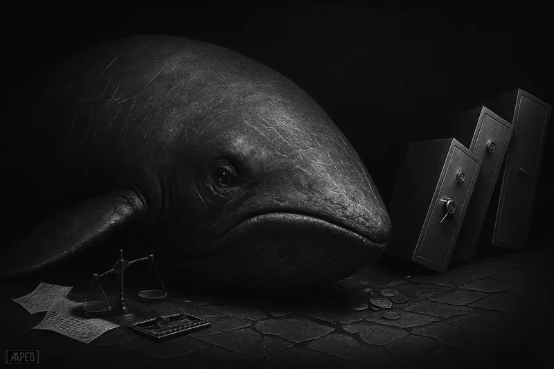 A distressed whale on a cracked treasury floor faces falling safes and spilled coins in a dark grayscale financial contagion scene.