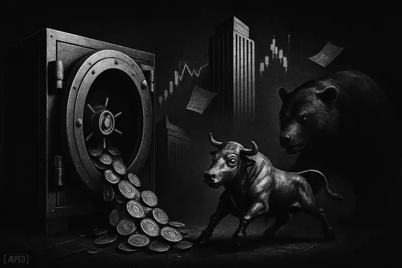 An open treasury vault spills bitcoins as a bull recoils and a bear closes in before dark corporate structures and a faint data grid.