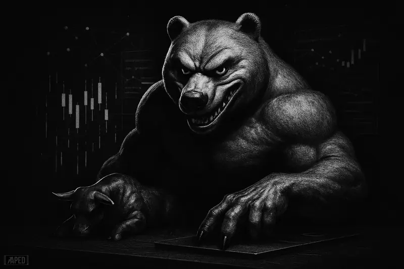 A looming bear trader dominates a dark trading scene, crushing weakened bull forms amid abstract market and analytics elements in grayscale.