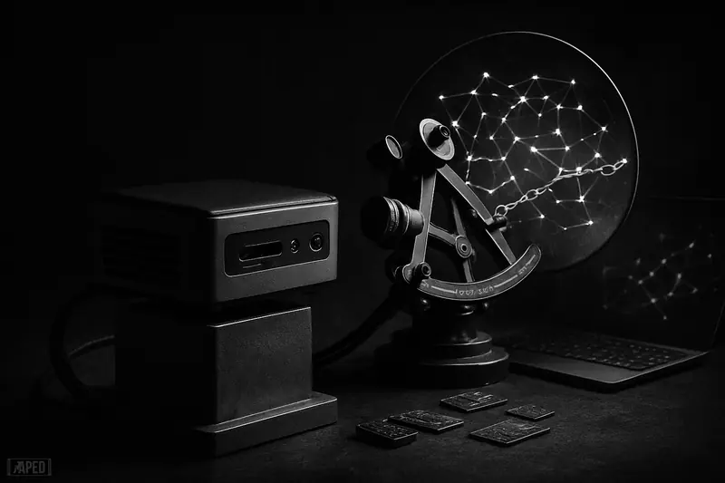 A prize mini-computer on a pedestal, wired to a navigator-like analytics device projecting a web of blockchain nodes in a dark studio.
