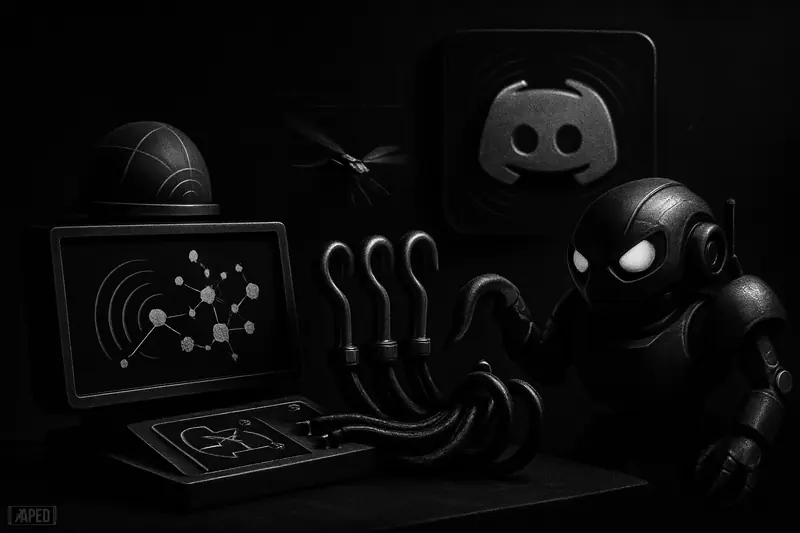 A grayscale onchain analytics console connects webhook cables into a trading bot, with a Discord-shaped chat portal in a dark data-grid backdrop.