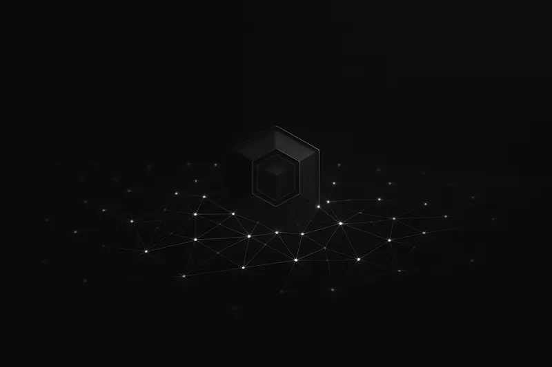 Black background with a neon-blue network of connected nodes funneling into a single faceted crystal core, with faint circuit lines.