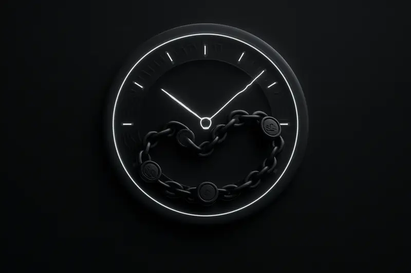 A dark metallic clock-like ring of circuitry surrounds a glowing chain of coin-like tokens on a black background.
