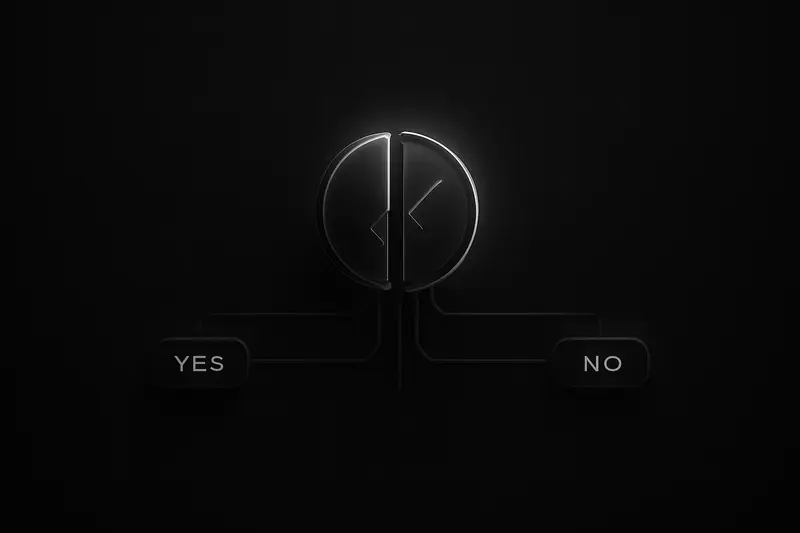 A dark coin-like disc hovers over a grid, splitting into two glowing circuit paths like a binary switch.