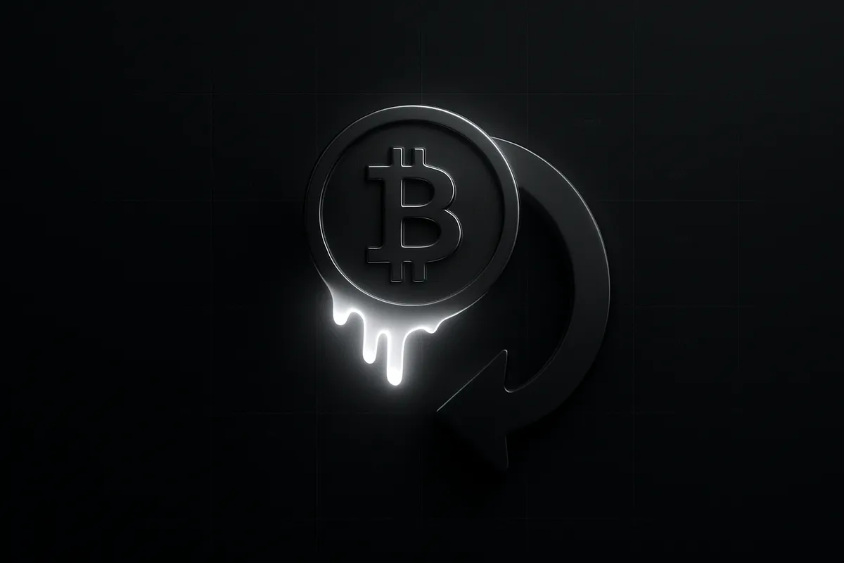 A luminous gold coin liquefies into a dark circular arrow loop over a black background with faint stock-chart grid lines.