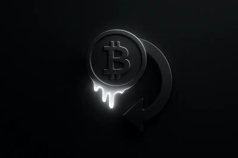 A luminous gold coin liquefies into a dark circular arrow loop over a black background with faint stock-chart grid lines.
