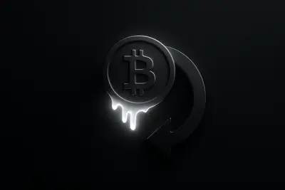 A luminous gold coin liquefies into a dark circular arrow loop over a black background with faint stock-chart grid lines.