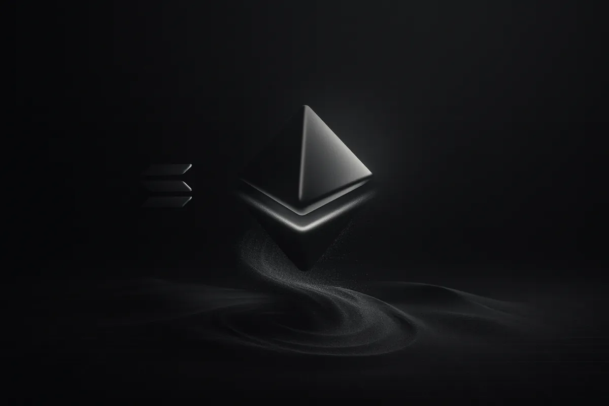 Neon teal geometric prism embedded in swirling desert sand, with subtle circuit traces and a distant futuristic skyline on black.