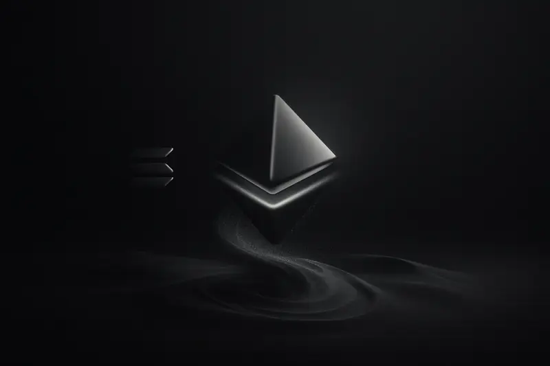 Neon teal geometric prism embedded in swirling desert sand, with subtle circuit traces and a distant futuristic skyline on black.