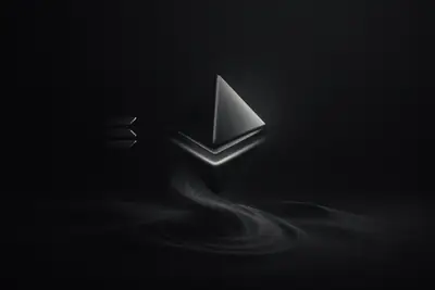 Neon teal geometric prism embedded in swirling desert sand, with subtle circuit traces and a distant futuristic skyline on black.