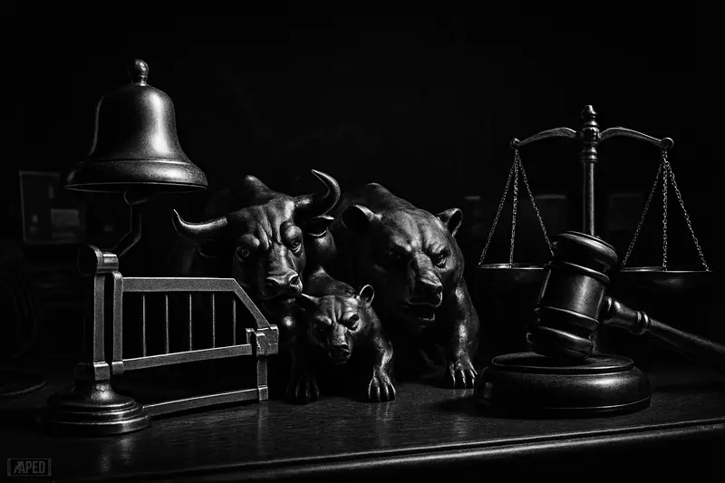 A monochrome trading-floor scene with a held bell gate, metallic bull and bear figures, and regulatory symbols in dark cinematic lighting.