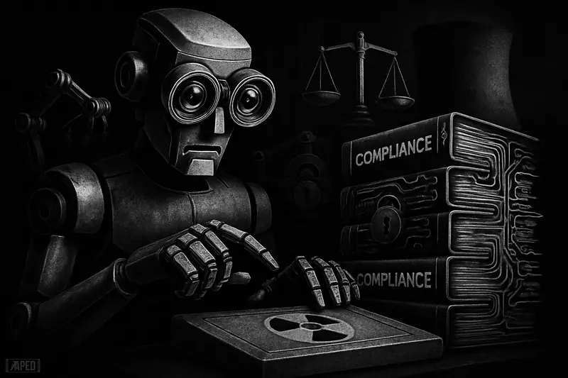 A robotic inspector studies a nuclear control console amid safety locks, justice scales, and shadowy reactor machinery in stark grayscale.