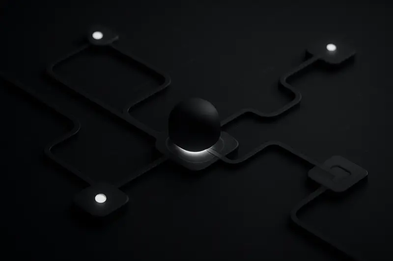 Glowing neural network nodes stream into a dark, geometric circuit grid resembling a ledger, with faint data trails on black.
