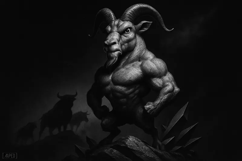 A monochrome mountain goat caricature stands victoriously on a peak as shadowy bulls rise behind it against a dark data-grid backdrop.
