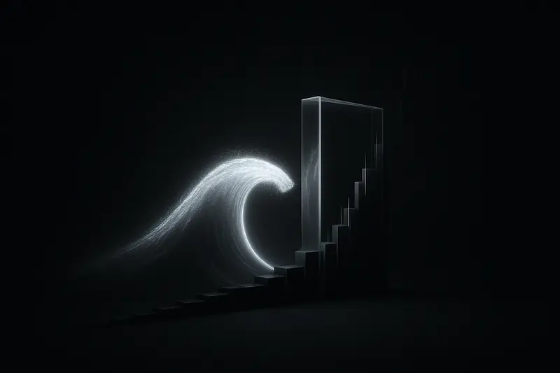 Neon teal wave surges across a dark chart grid, colliding with a glowing crystalline barrier on black background.