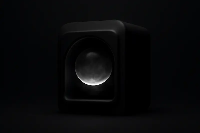 A luminous orb of layered circuit lines locked inside a dark translucent cube, with faint data streaks bending away in shadows.