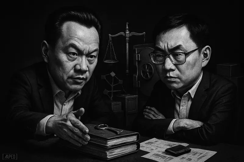 Da Hongfei and Erik Zhang face off across a treasury table, surrounded by vault imagery and governance symbols in a dark monochrome scene.