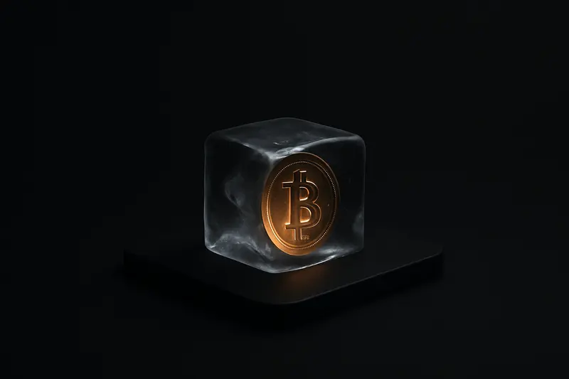 A luminous coin and polygonal shards trapped inside a cracked translucent ice cube, floating over a dark gradient background.