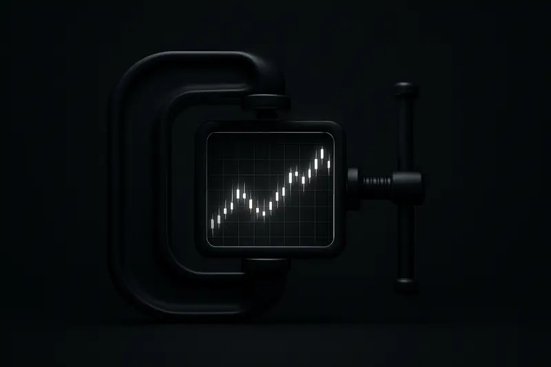 Neon-lit trading grid inside a dark steel vise closing shut, with scattered glowing particles fading into black.