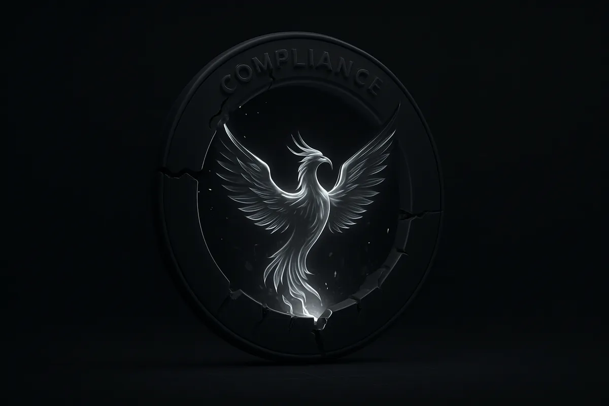 Glowing blue phoenix-shaped energy rises from dark ash, passing through a cracked steel ring on a black background.