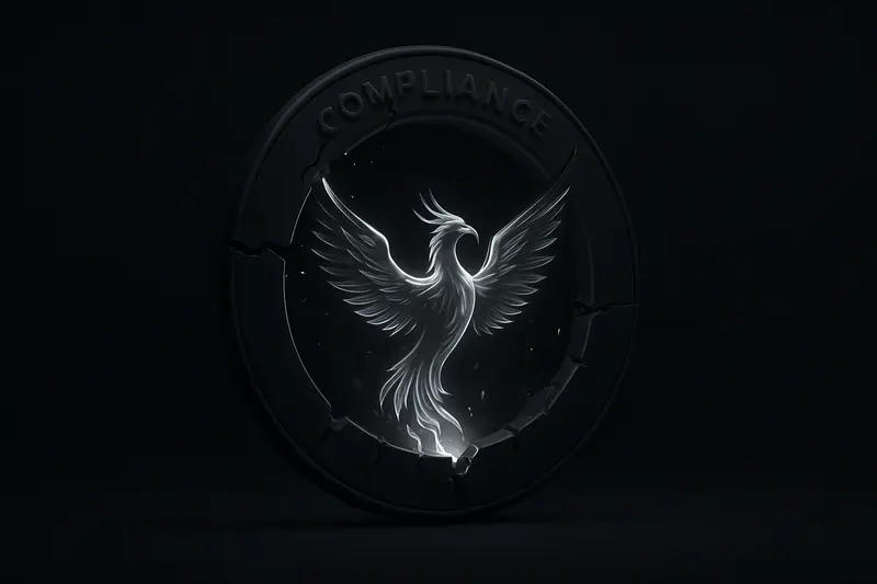 Glowing blue phoenix-shaped energy rises from dark ash, passing through a cracked steel ring on a black background.