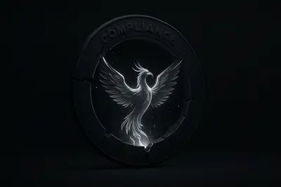 Glowing blue phoenix-shaped energy rises from dark ash, passing through a cracked steel ring on a black background.