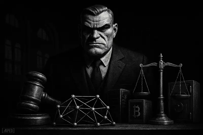 A stern institutional figure studies crypto infrastructure amid gavels, scales, servers, and payment hardware in a dark monochrome expo setting.