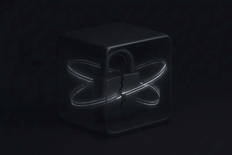 A dark metallic cube etched with circuit patterns, wrapped in glowing data ribbons and a cracked padlock on black background.