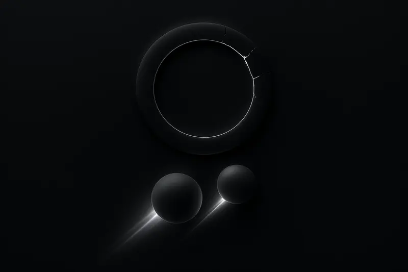 Two neon spheres rising toward a fractured luminous ring above thin, wavering grid lines on a dark background