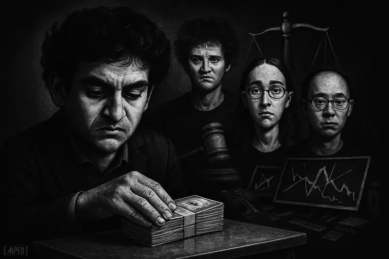 Nishad Singh places cash on a table while other FTX figures stand in shadow amid regulatory and collapse imagery in grayscale.