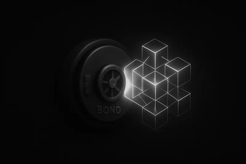Dark vault holding glowing gold bars that dissolve into neon geometric blocks, connected by thin circuit-like lines on black.