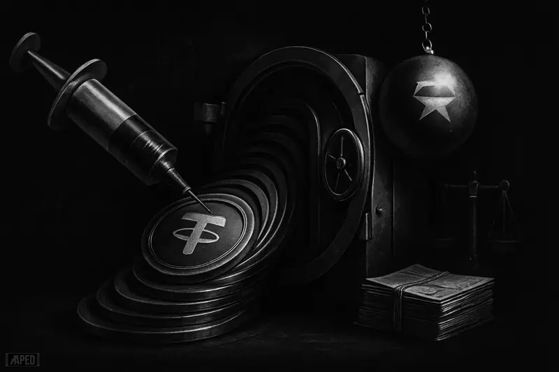 A lab machine morphs into a treasury vault filled with token discs, surrounded by governance symbols in a dark grayscale financial scene.