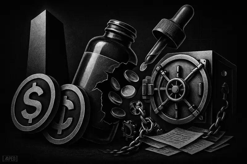 A medicine bottle transforms into a vault-like crypto machine amid token discs, governance gears, and a dark data-grid backdrop.