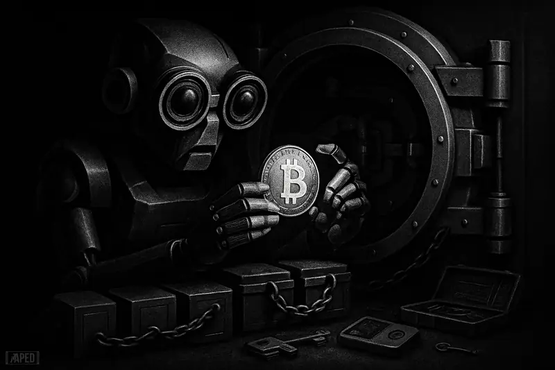 A cautious robotic sentinel manages a secured bitcoin token inside a chained vault system with tools and wallet hardware in a dark grayscale scene.