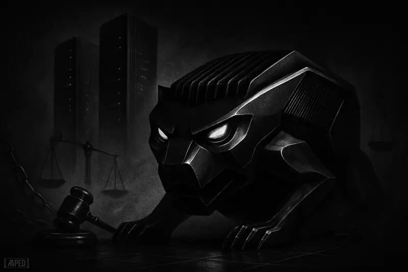 A grayscale machine-beast before ghostly datacenter towers, surrounded by regulatory symbols in a dark, ominous AI geopolitics scene.