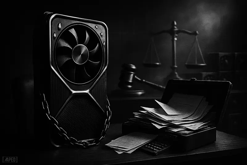 A shadowy courtroom where an oversized GPU sits accused, documents spilling out, with mining rigs and legal symbols looming behind.