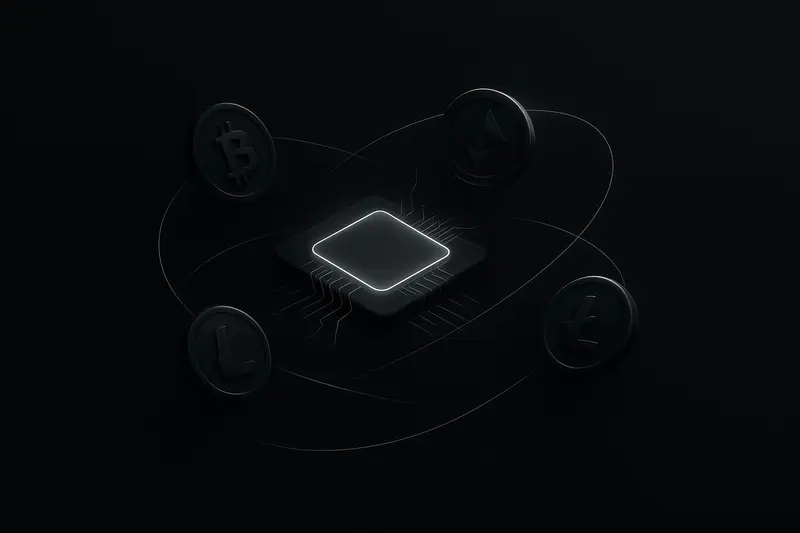 Glowing green microchip radiates electric lines into floating metallic coin-like discs on a dark, futuristic background.