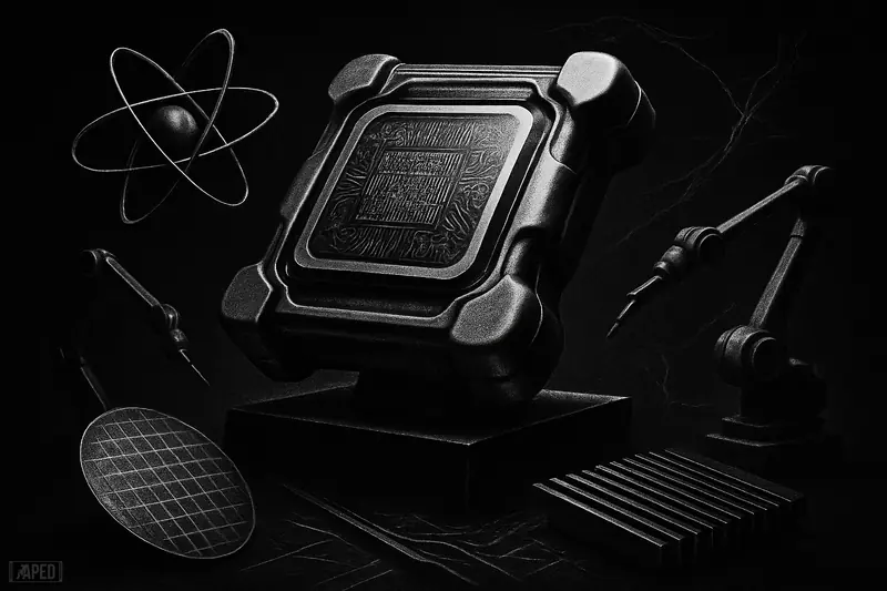 A giant futuristic chip on a pedestal, surrounded by quantum rings, neural filaments, and robotic lab arms in a dark monochrome scene.
