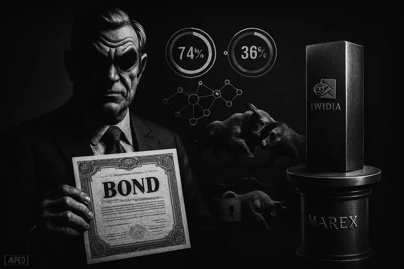 A shadowy suited trader displays a bond-like instrument before chip and trading symbols in a dark grayscale financial scene.