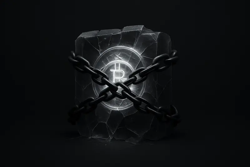A luminous gold coin trapped inside cracked ice, wrapped with dark metal chains, floating on a black background.