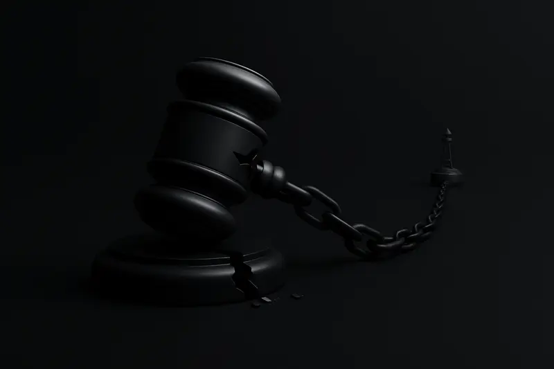 Cracked black gavel with a snapped chain, glowing court scales behind it on a dark, smoky background.