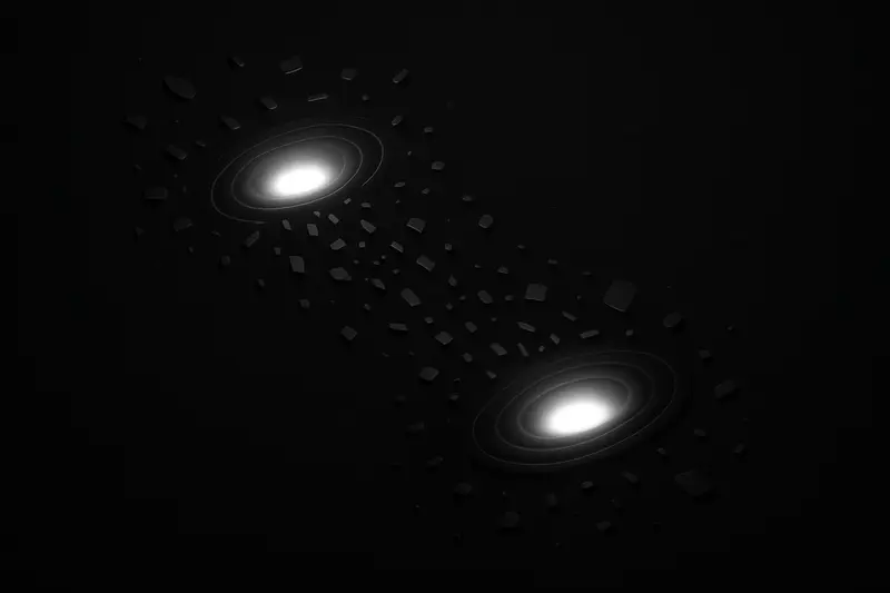 Two intense glowing orbs on a black background draw scattered dim shards inward, leaving a sparse ring of debris.