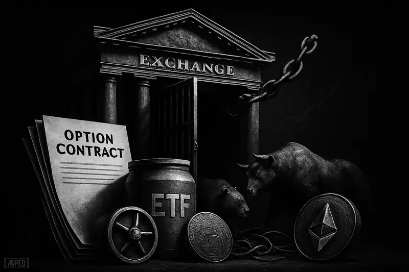 A dark NYSE-like gate breaks open chains as blank options papers and ETF canisters expand, with a bull and bear nearby.