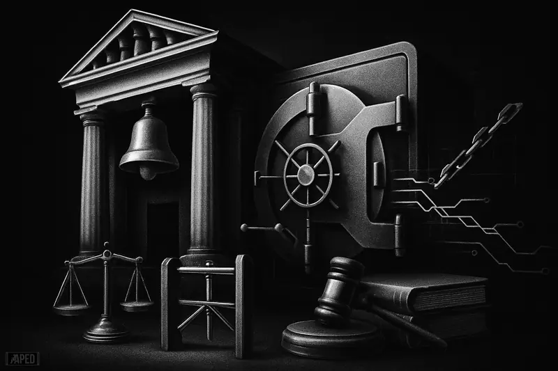 A grim, monochrome exchange building and locked data-vault device connect via chain-like rails, with gavel, scales, and ledgers in shadow.