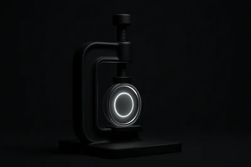 A single luminous coin encased in a clear glass block under a dark metal clamp, set against a black background.