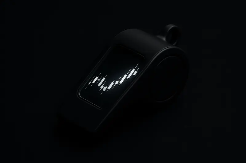 Neon candlestick chart caged inside a metallic referee whistle, with red legal stamp shadows on a black background.