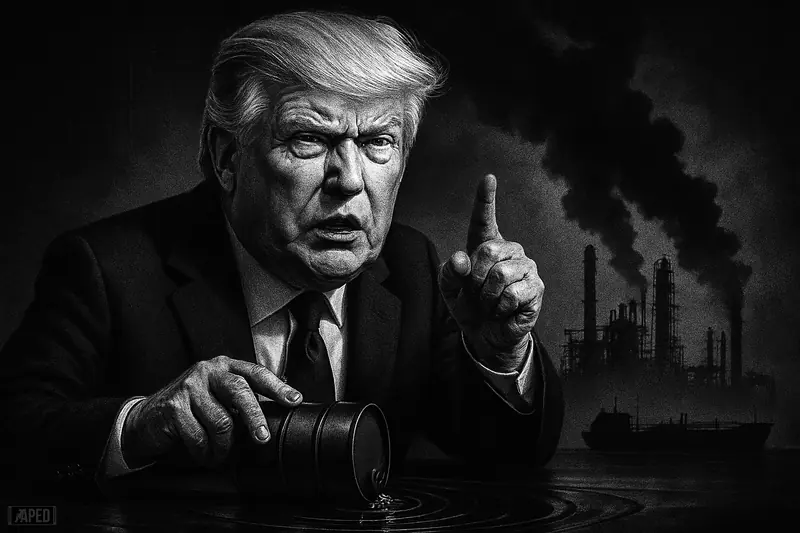 Trump caricature stands over a leaking oil barrel before shadowy refineries and tankers in a dark, tense grayscale market scene.