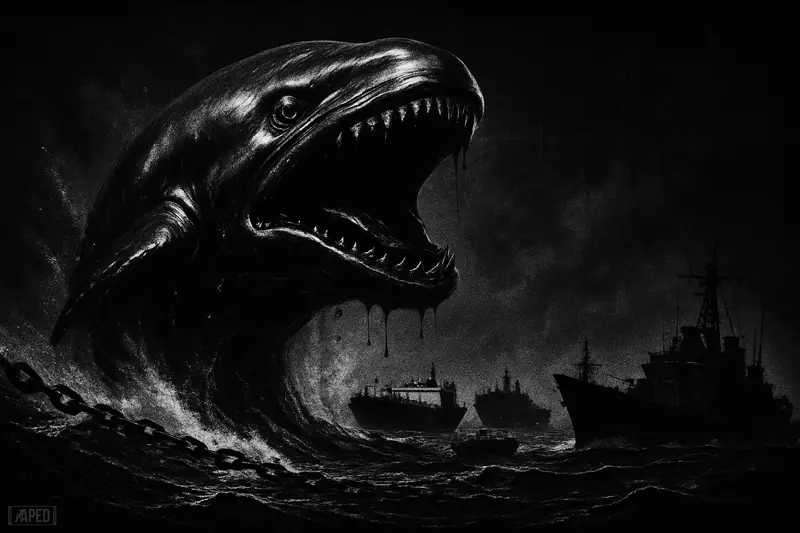 A giant oil-like whale erupts amid warships and tankers in a dark strait, symbolizing surging crude prices and geopolitical tension.