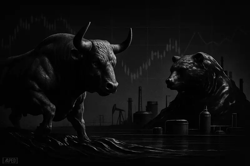 A tense oil-bull faces a looming crude bear amid pipelines and dark market imagery in a stark monochrome cinematic scene.
