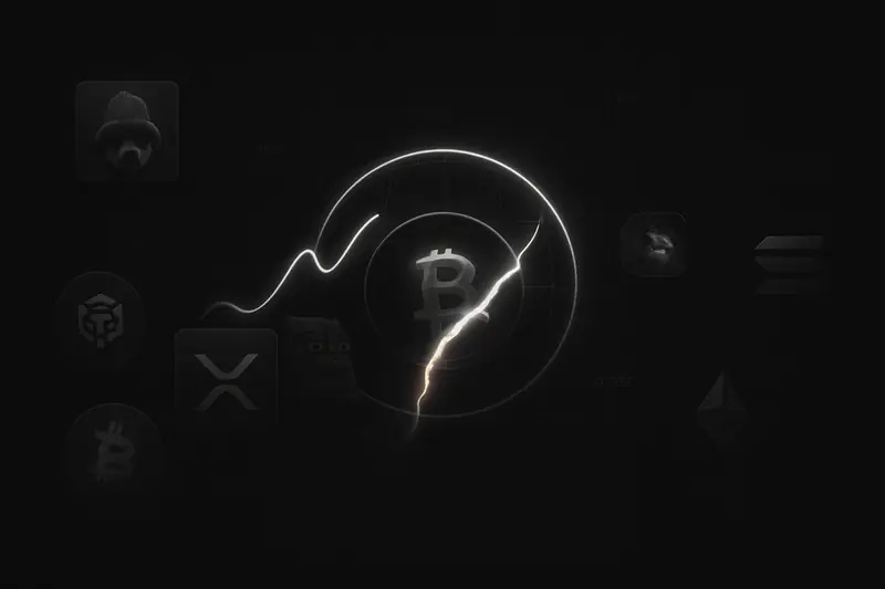 A dark yield-curve line glows across black space, warping into a shattered coin-like ring with scattered neon fragments.